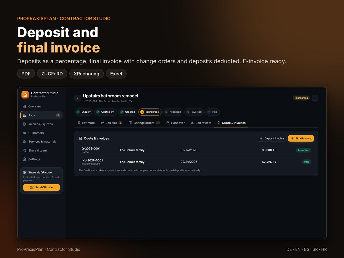 Progress invoice and final invoice, also as e-invoice (ZUGFeRD, XRechnung)