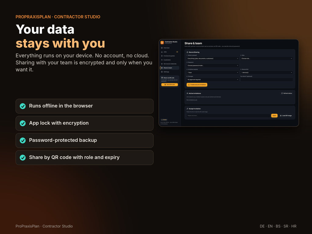 Your data stays with you: offline, encrypted, shared securely via QR code