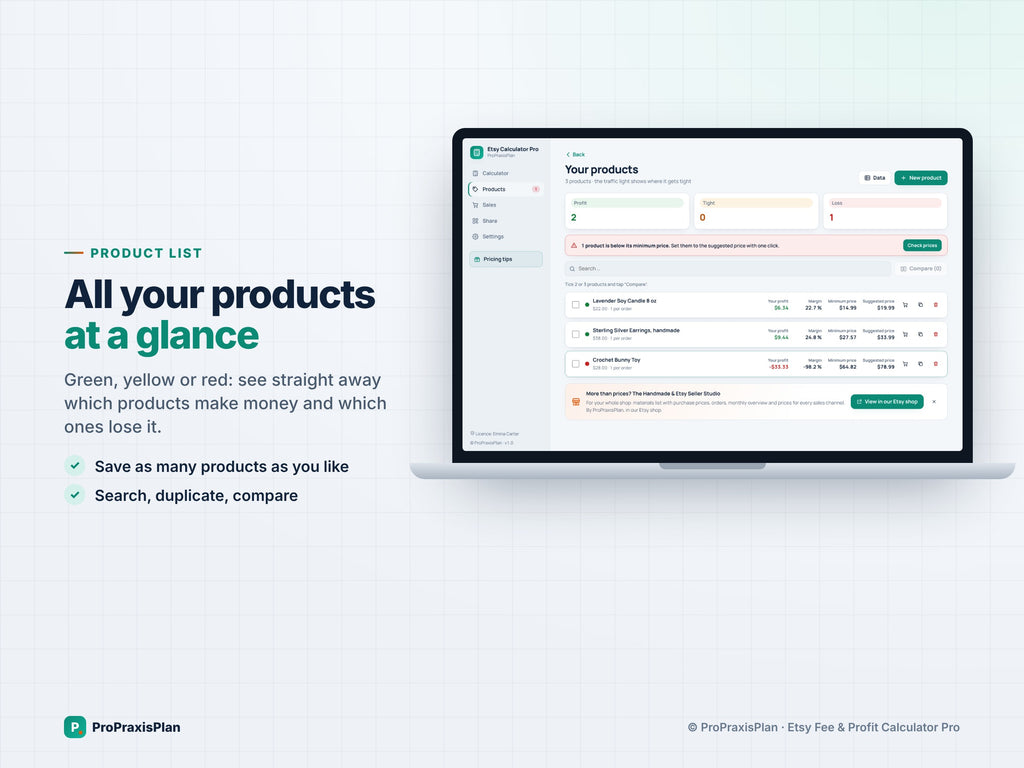 Etsy Pricing Calculator Pro – all your products at a glance