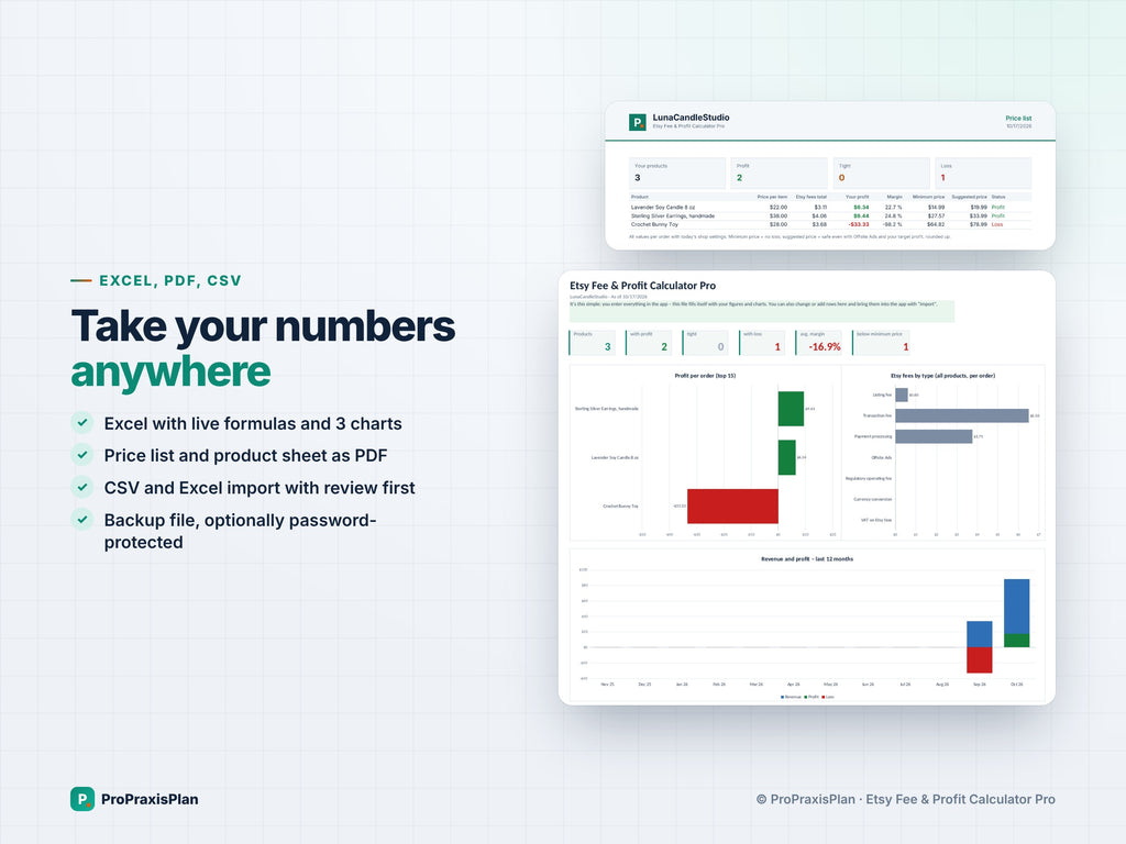 Etsy Pricing Calculator Pro – take your numbers anywhere: Excel, PDF, CSV