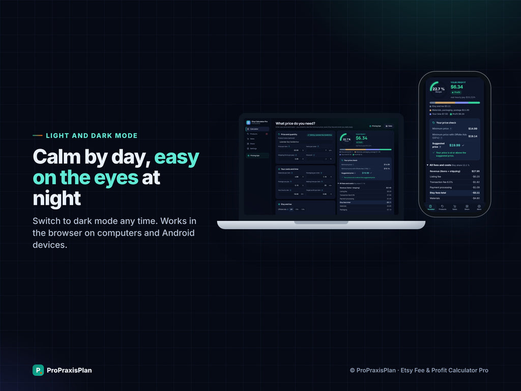 Etsy Pricing Calculator Pro – light and dark mode