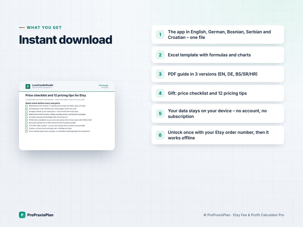 Etsy Pricing Calculator Pro – what you get: instant download