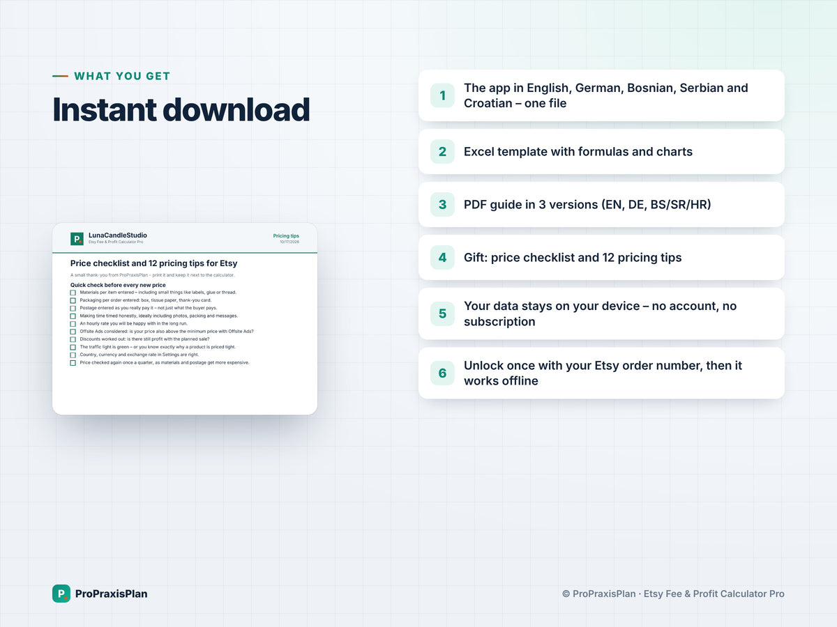 Etsy Pricing Calculator Pro – what you get: instant download