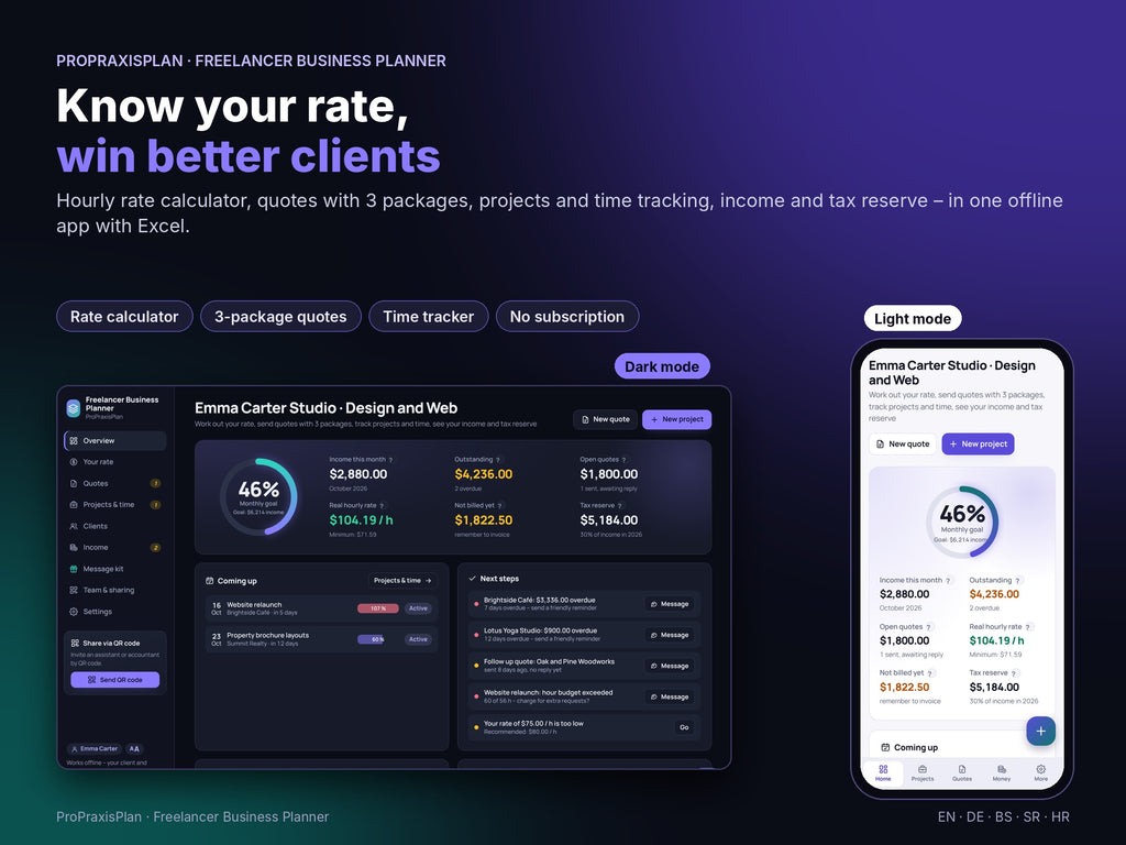 Freelancer Business Planner – know your rate, light and dark mode