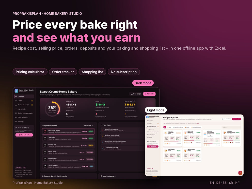 Home Bakery Studio – price every bake right, light and dark mode