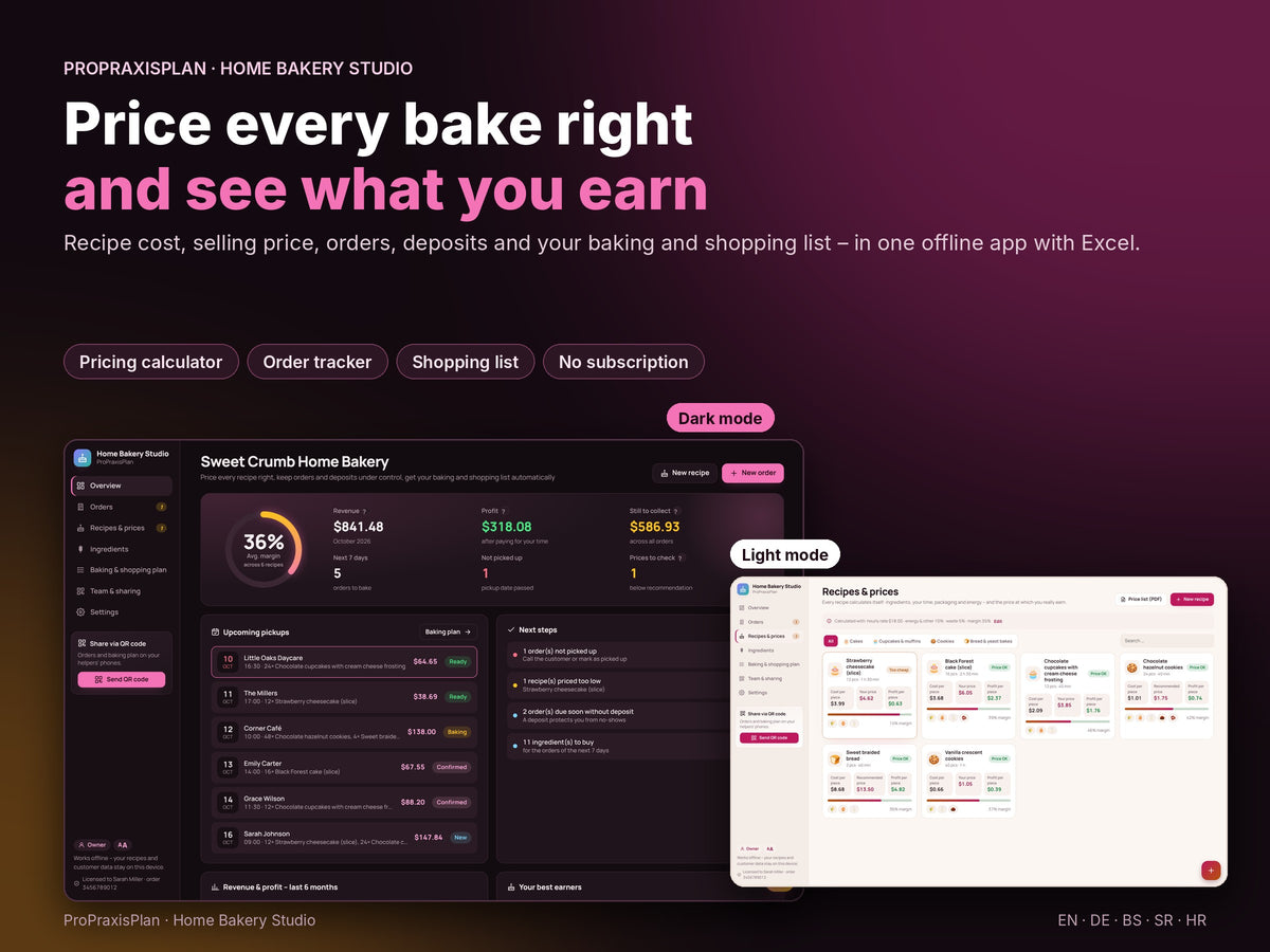 Home Bakery Studio – price every bake right, light and dark mode