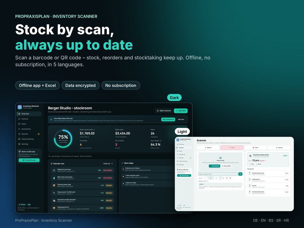 Inventory Scanner: overview with stock value, reorder list and scanner in light and dark mode
