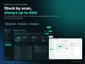 Inventory Scanner: overview with stock value, reorder list and scanner in light and dark mode