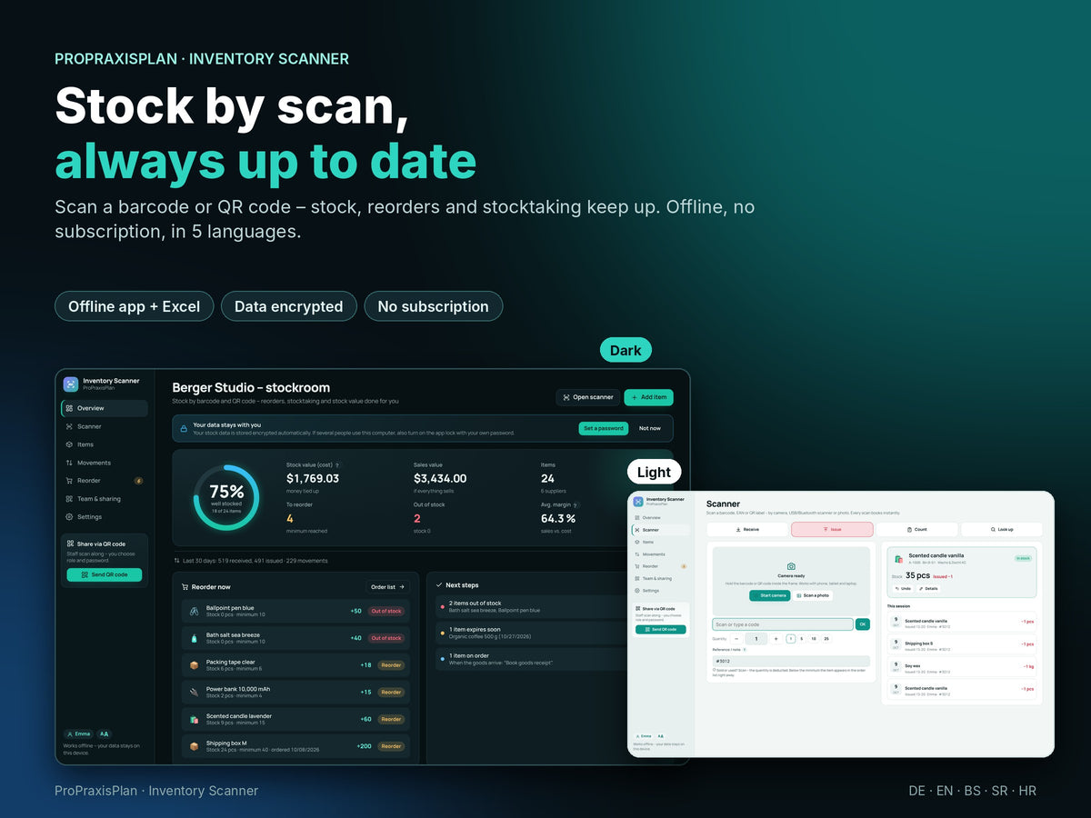 Inventory Scanner: overview with stock value, reorder list and scanner in light and dark mode