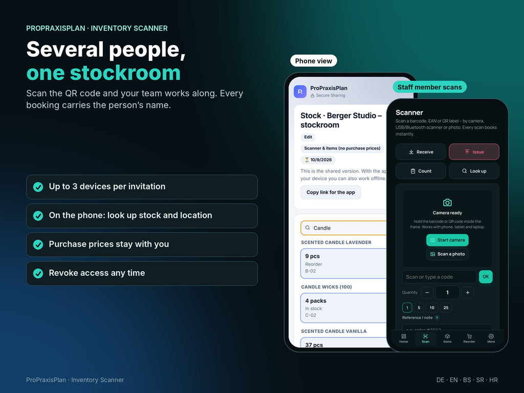 Several people, one stockroom: stock on the phone via QR code, staff scan themselves