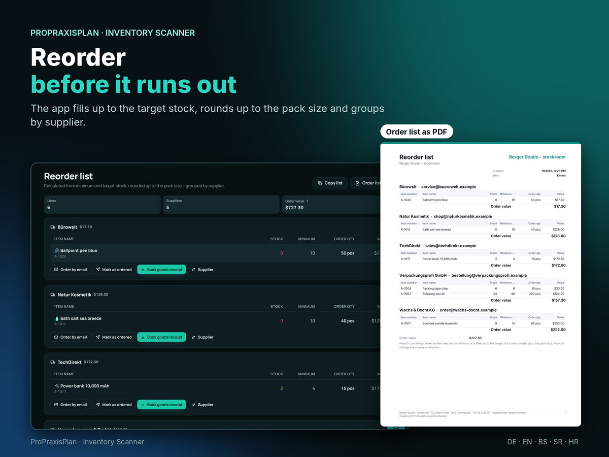 Reorder list by supplier with purchase list as PDF