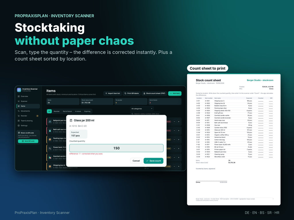 Stocktaking by scan with a printable count sheet