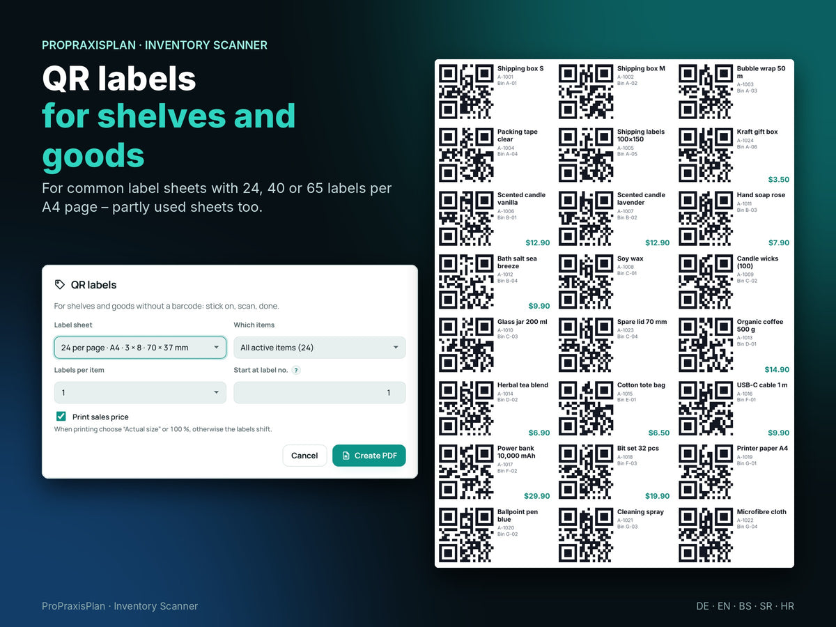 QR labels for shelves and goods on A4 sheets