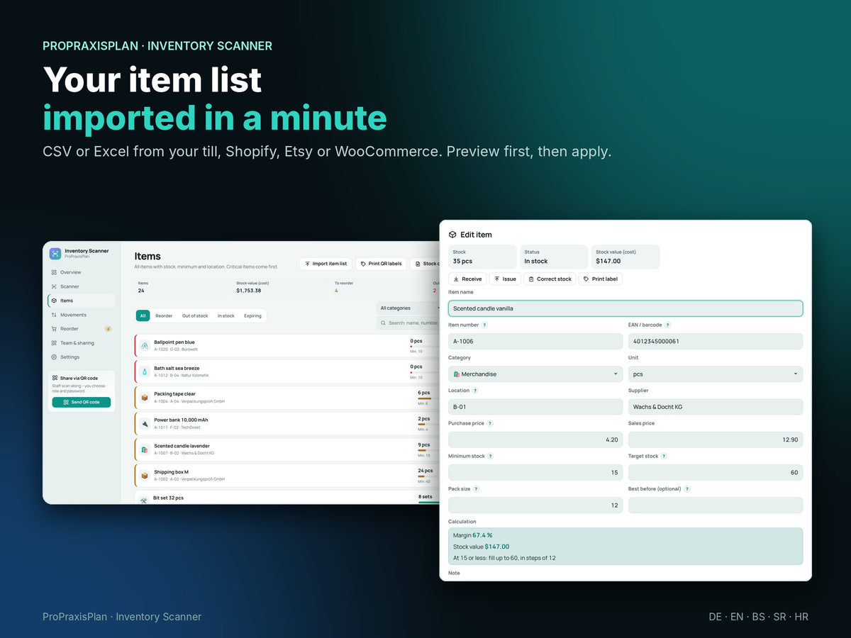 Import your item list and edit items