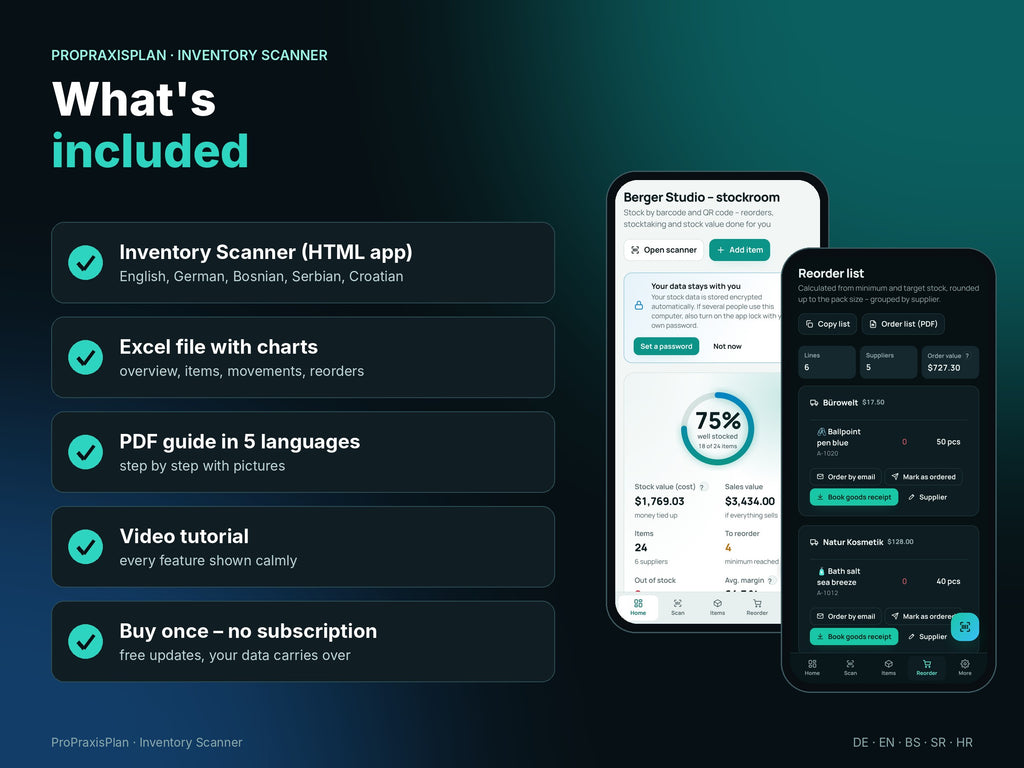 What's included: app in 5 languages, Excel, PDF guide, video