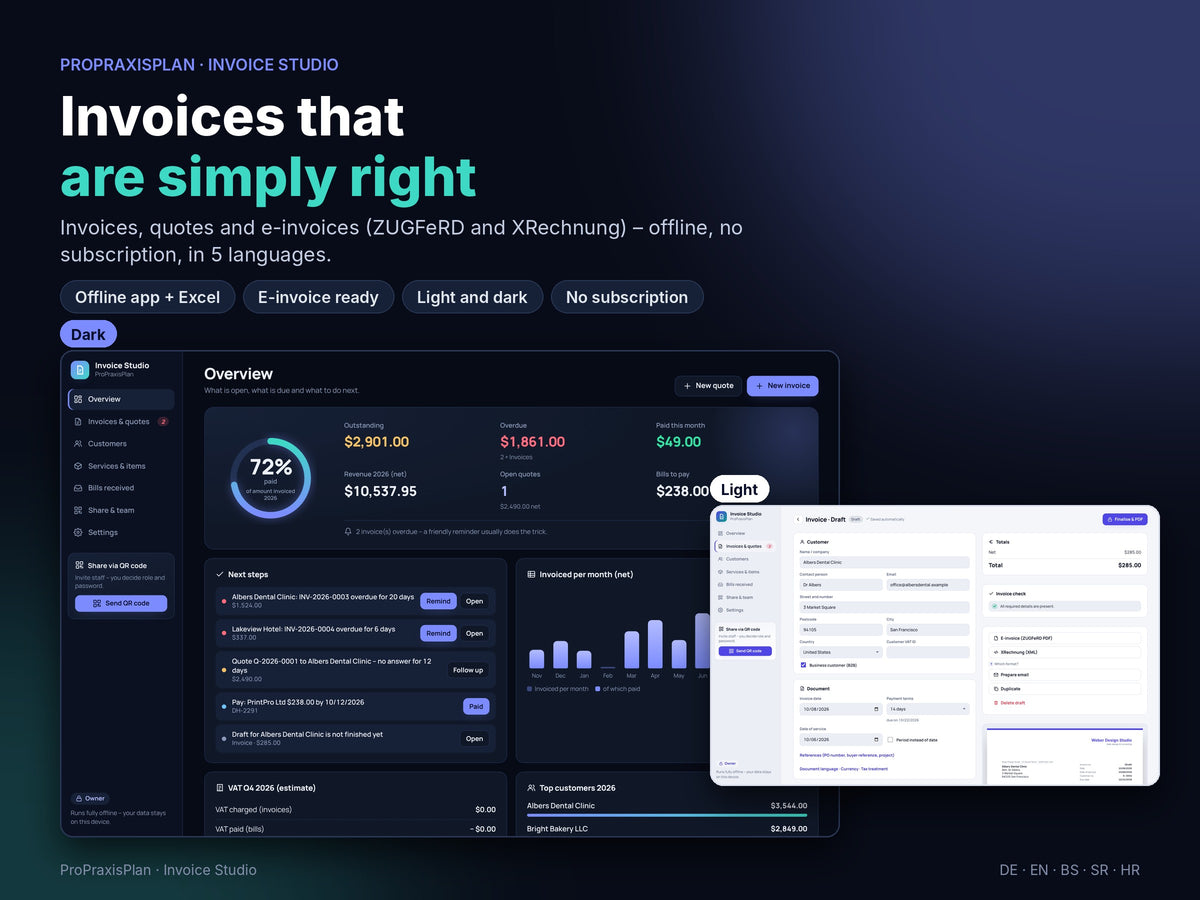 Invoice Studio by ProPraxisPlan – invoices and e-invoices, dark and light design