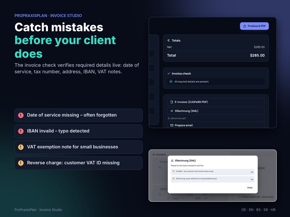 Invoice check shows missing required details before your client does