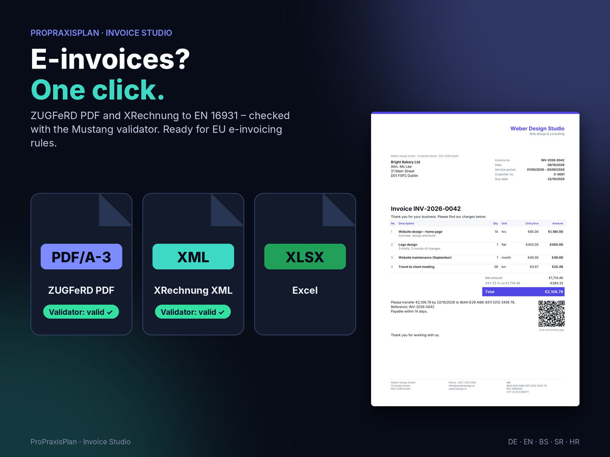 E-invoice as ZUGFeRD PDF and XRechnung according to EN 16931