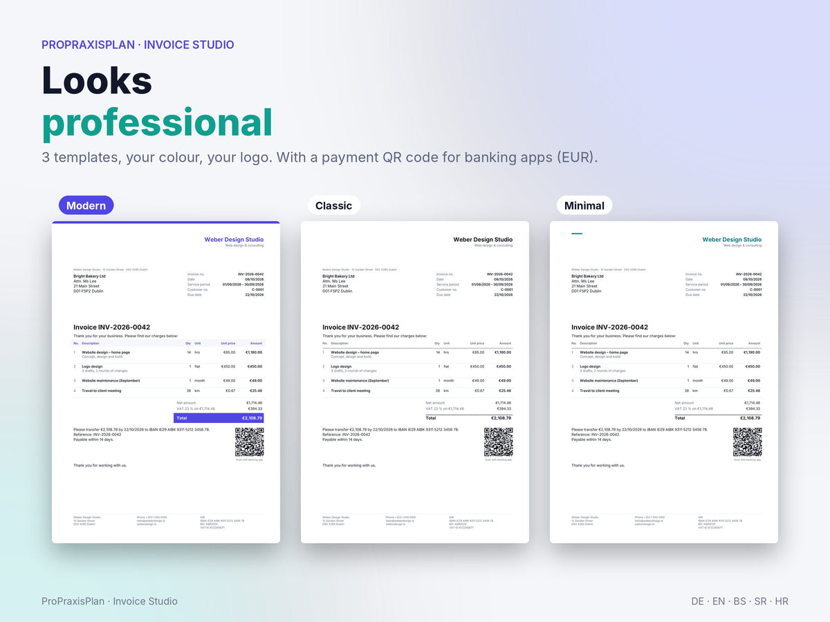 Three invoice templates: Modern, Classic, Minimal