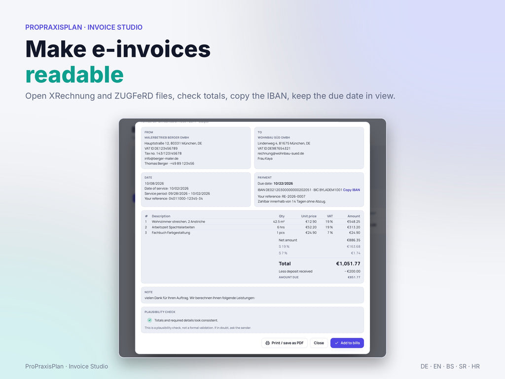 Display and check a received e-invoice in readable form