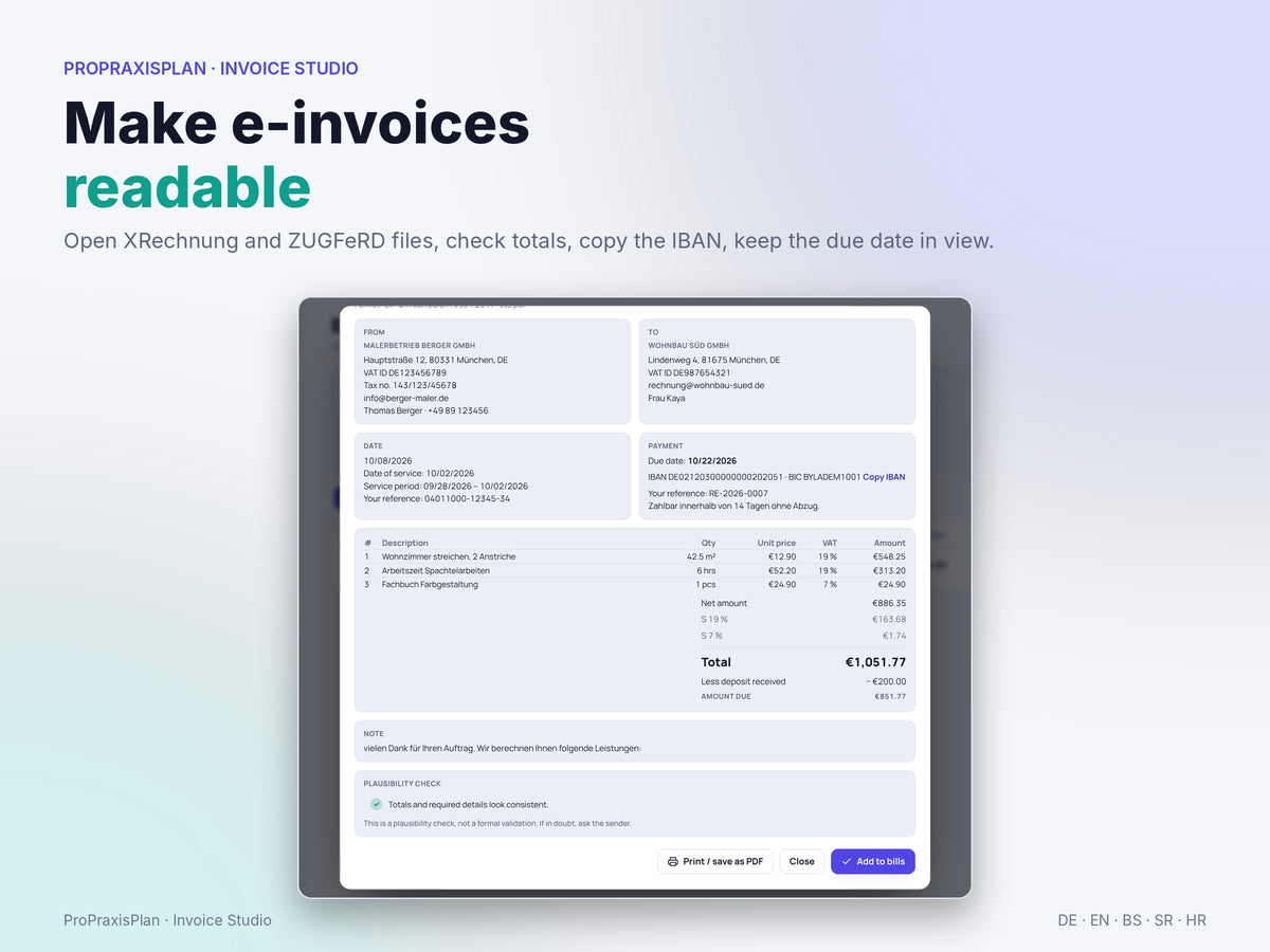 Display and check a received e-invoice in readable form