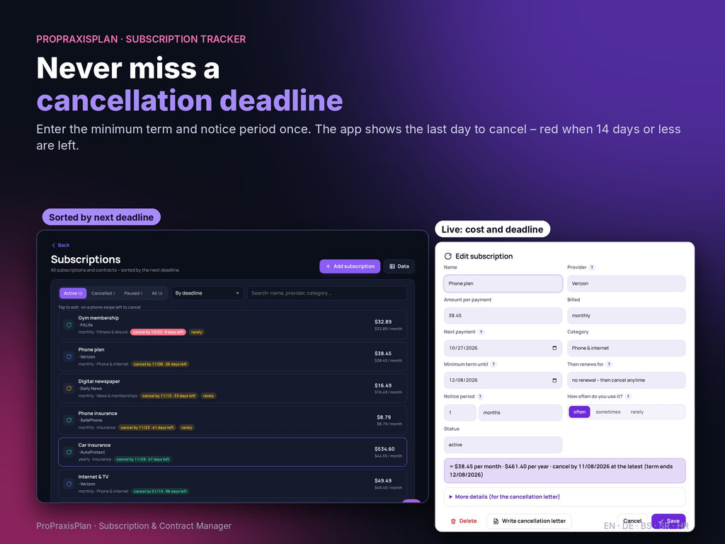 Subscription & Contract Manager – never miss a cancellation deadline