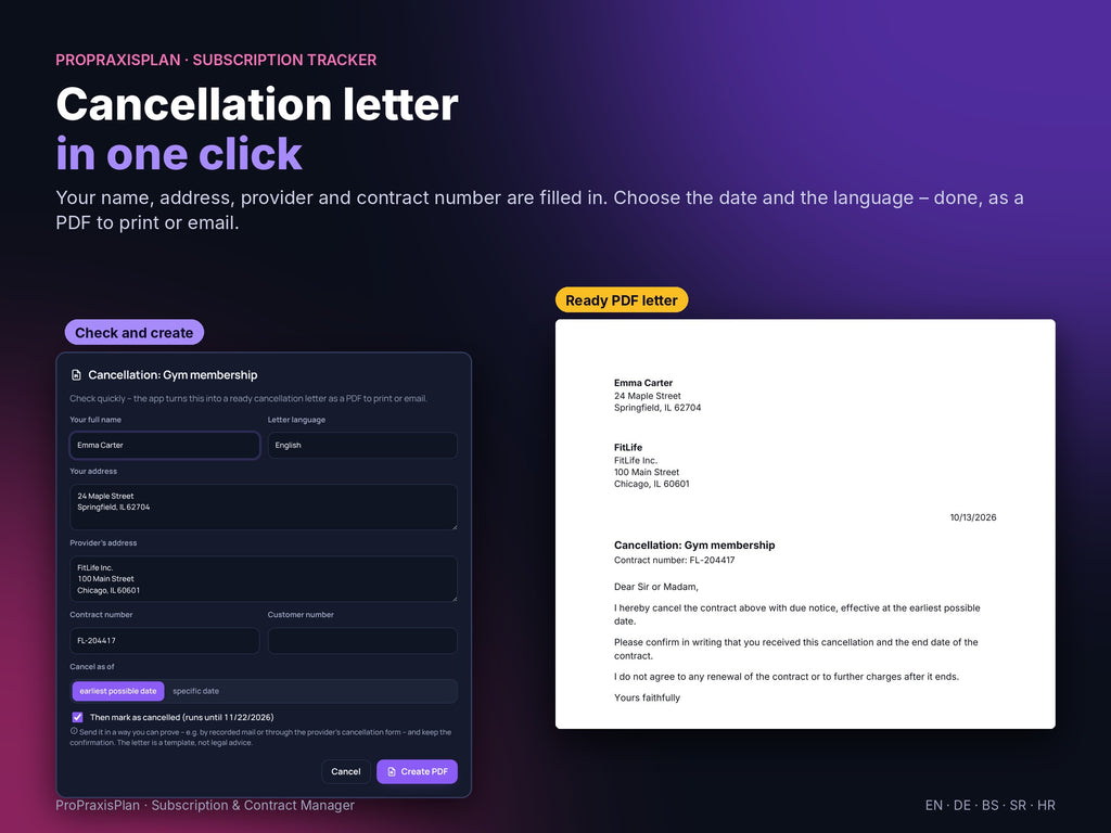 Subscription & Contract Manager – cancellation letter as PDF in one click