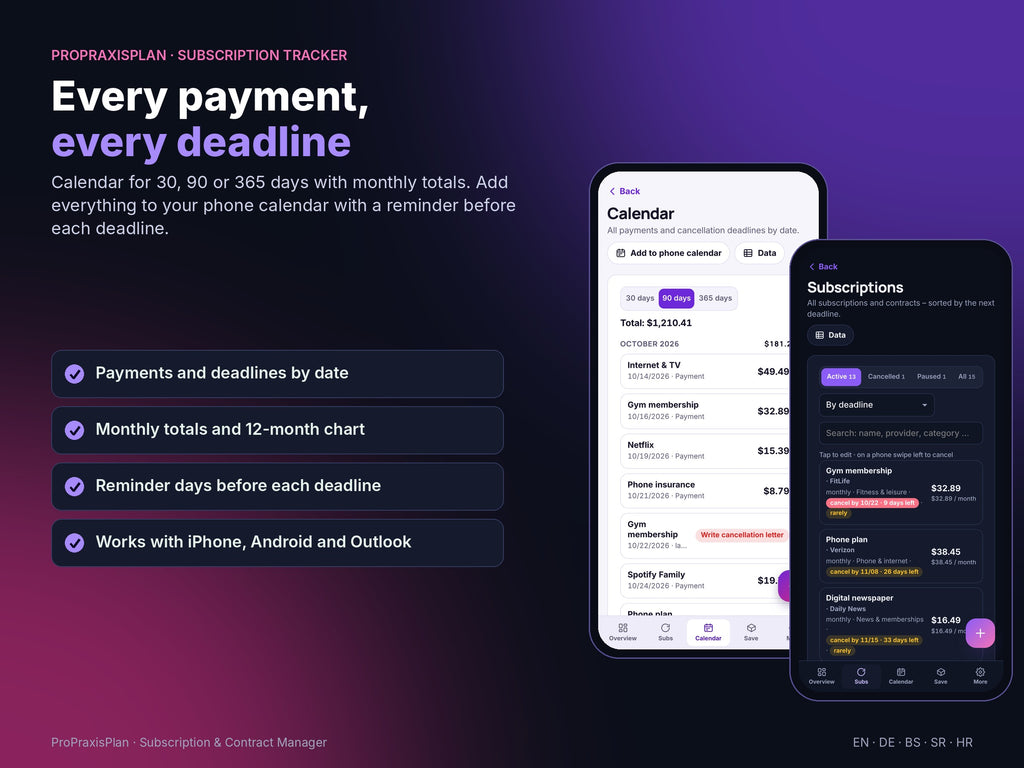 Subscription & Contract Manager – every payment and every deadline in your calendar