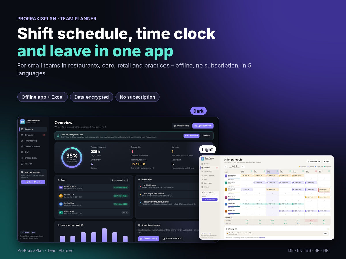 Team Planner by ProPraxisPlan – shift schedule, time clock and leave, offline app in dark and light mode