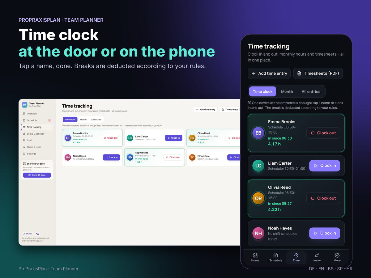 Time clock on a tablet or phone with automatic breaks