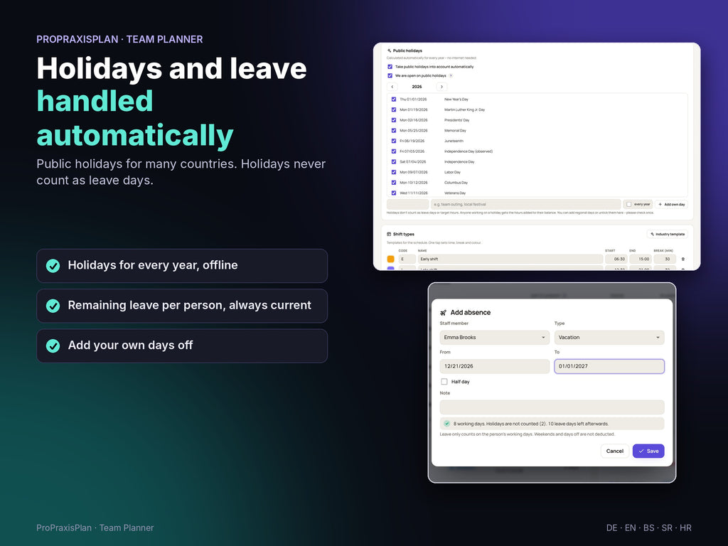 Public holidays added automatically and leave counted without holidays