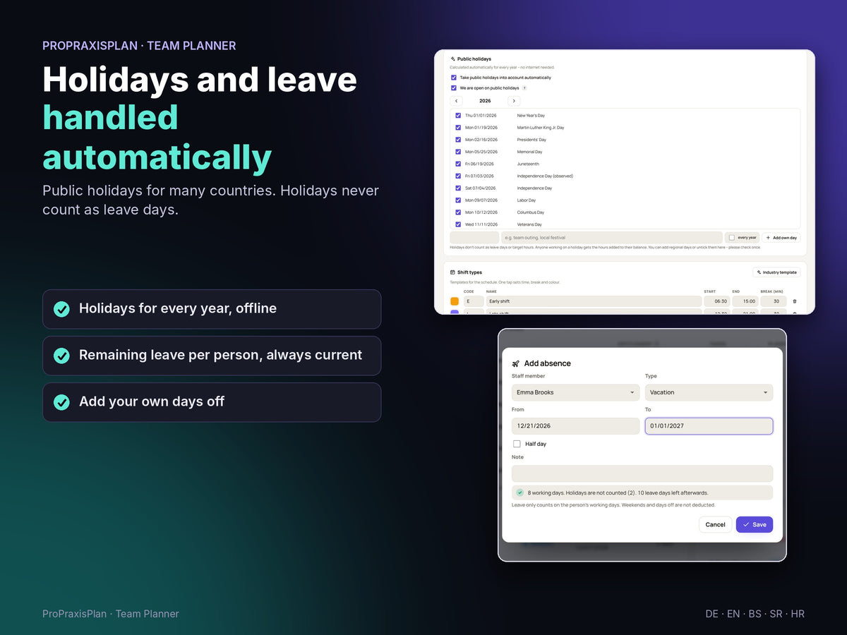 Public holidays added automatically and leave counted without holidays