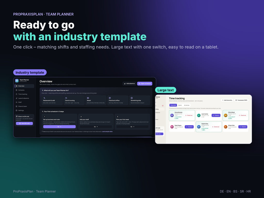 Industry templates for restaurants, care, retail and practices, large text with one switch