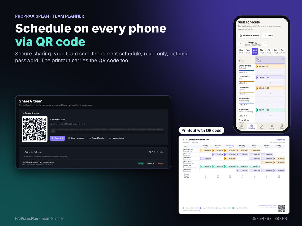 Share the schedule securely to phones via QR code and print it as a notice with QR code