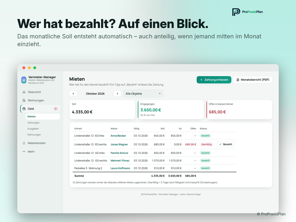 Vermieter-Manager – Wer hat bezahlt? Auf einen Blick.