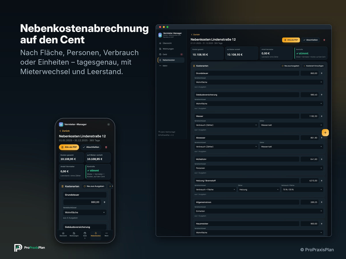 Vermieter-Manager – Nebenkostenabrechnung auf den Cent