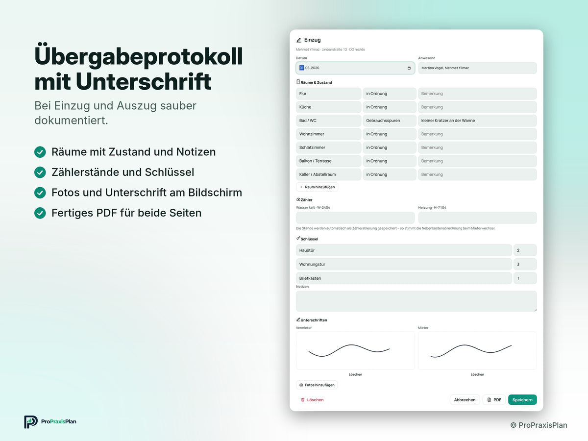 Vermieter-Manager – Übergabeprotokoll mit Unterschrift