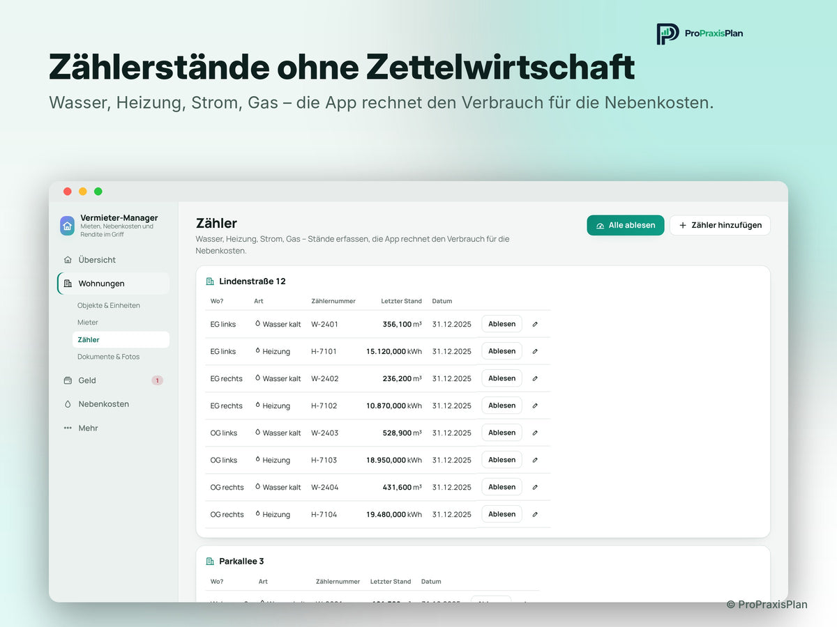 Vermieter-Manager – Zählerstände ohne Zettelwirtschaft