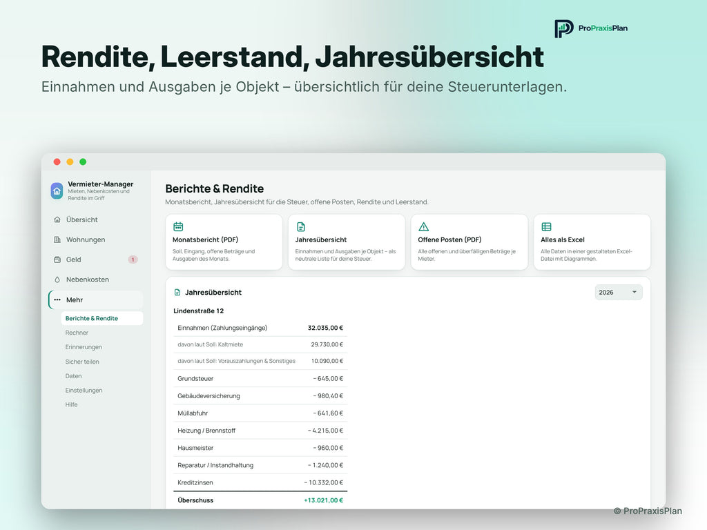 Vermieter-Manager – Rendite, Leerstand, Jahresübersicht