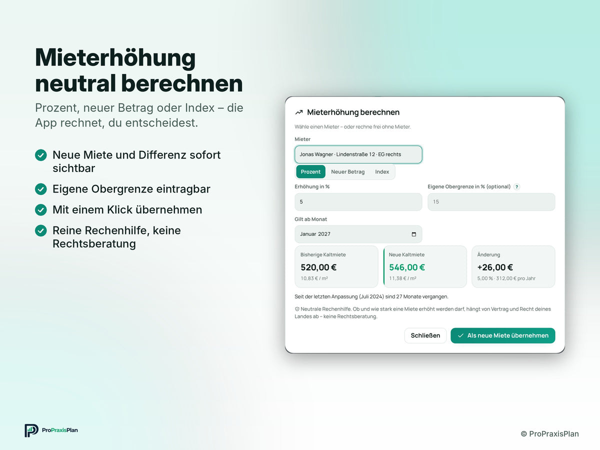Vermieter-Manager – Mieterhöhung neutral berechnen