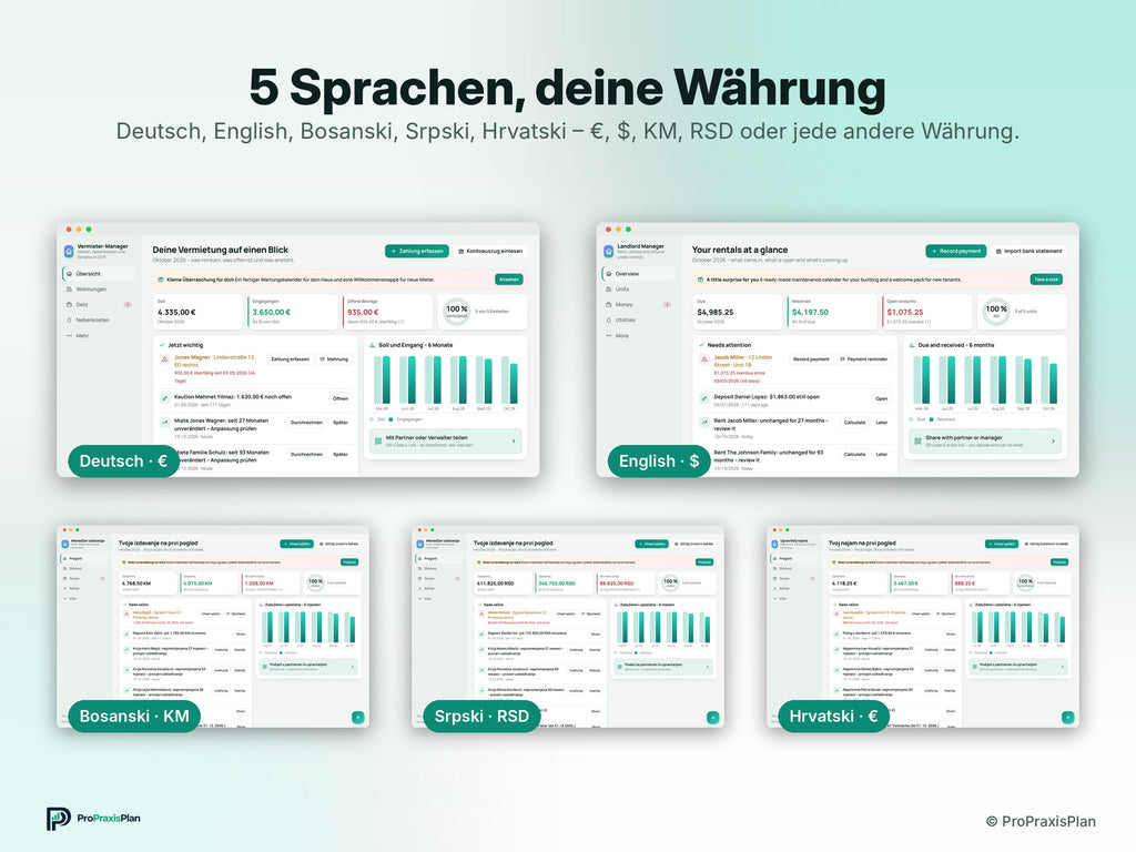 Vermieter-Manager – 5 Sprachen, deine Währung