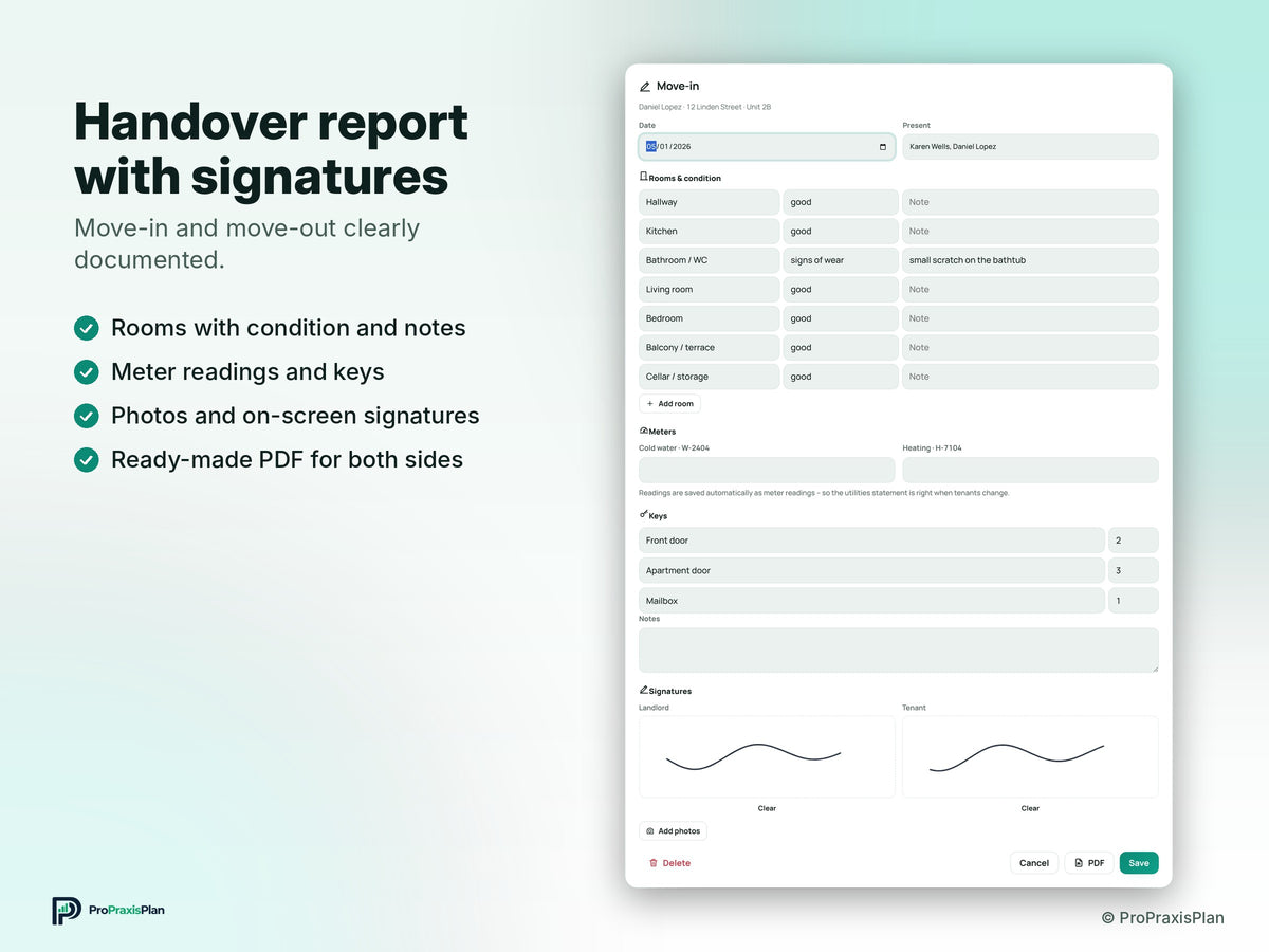 Landlord Manager – Handover report with signatures