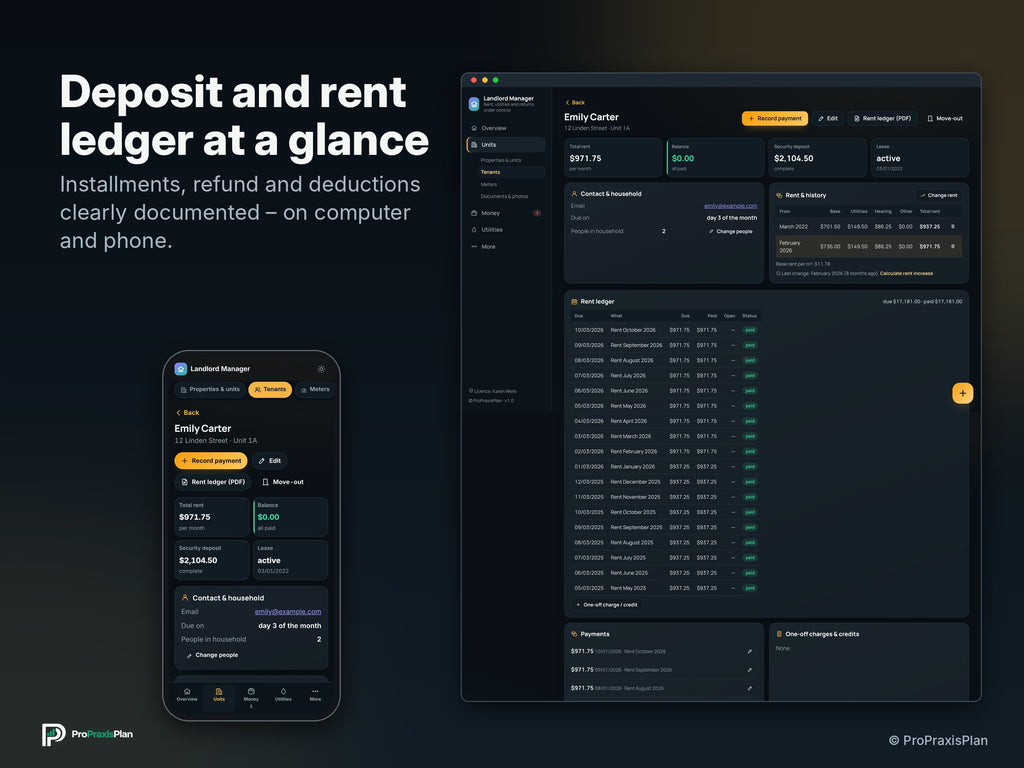 Landlord Manager – Deposit and rent ledger at a glance