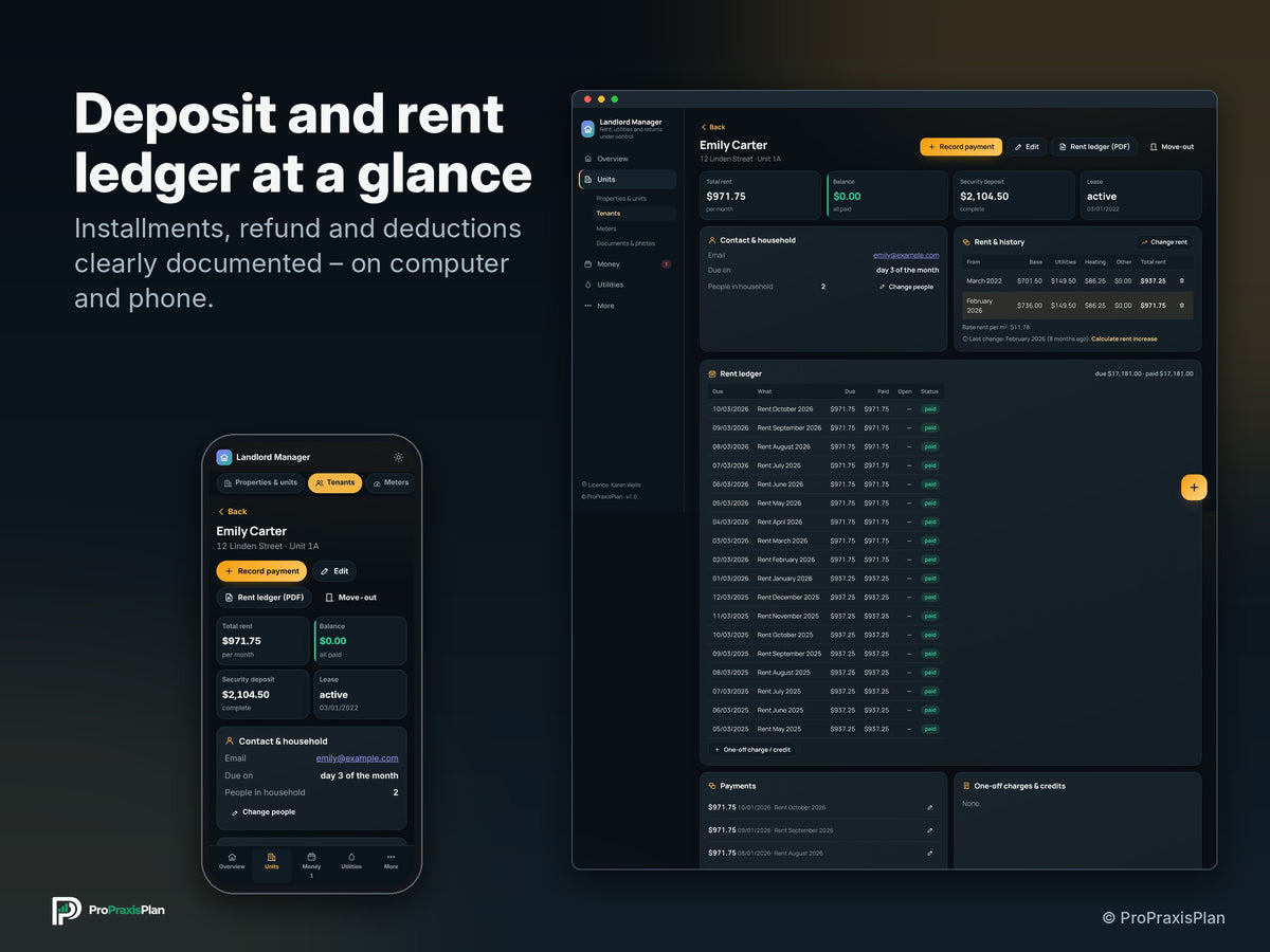 Landlord Manager – Deposit and rent ledger at a glance
