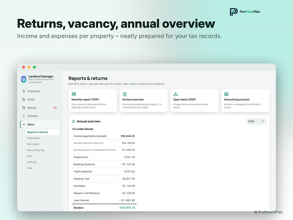 Landlord Manager – Returns, vacancy, annual overview