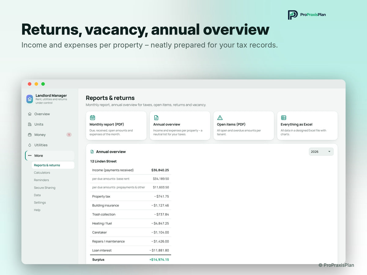 Landlord Manager – Returns, vacancy, annual overview