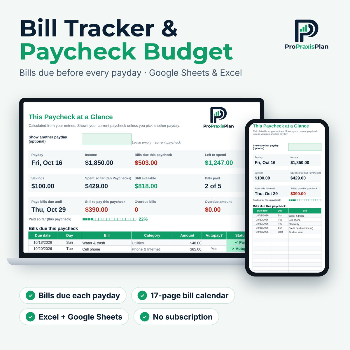 Bill Tracker & Paycheck Budget spreadsheet for Excel and Google Sheets