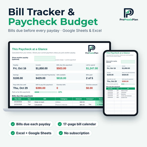 Bill Tracker & Paycheck Budget spreadsheet for Excel and Google Sheets