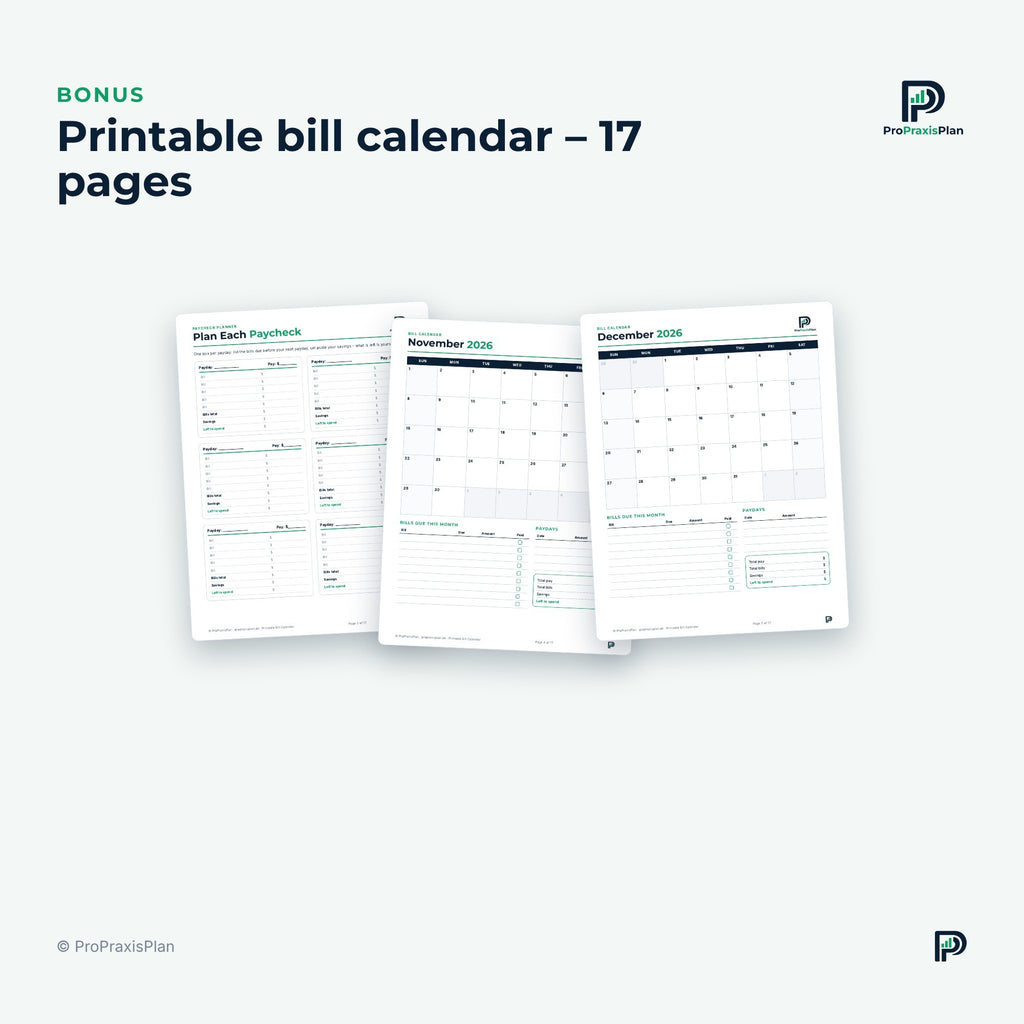 Bill Tracker – printable bill calendar, 17 pages