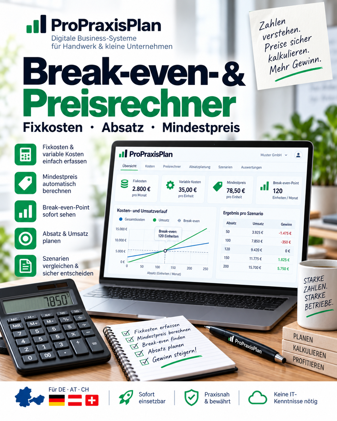 Break-even & Preisrechner Pro DACH – Fixkosten, Absatz und Mindestpreis